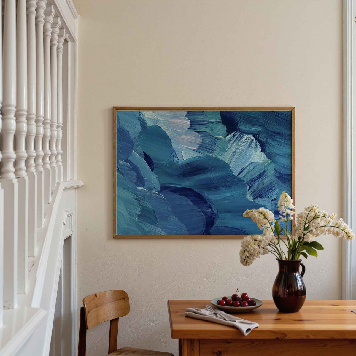 Blauwe penseelstreken – artistieke poster in liggend formaat