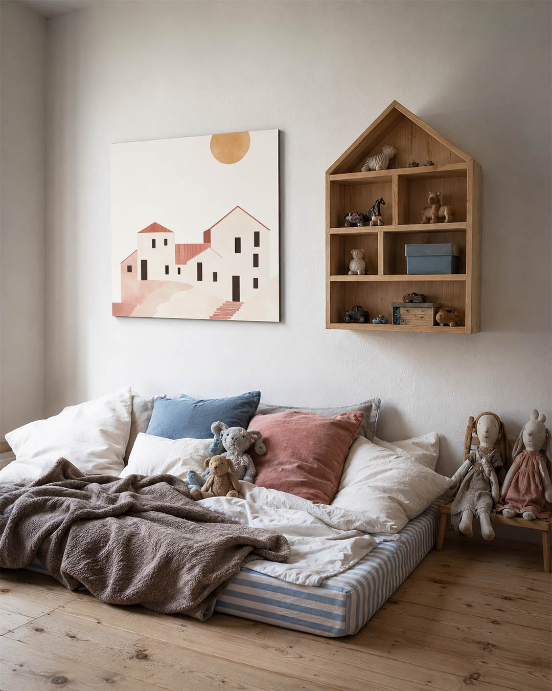 Geometrische zonsopgang kunstwerk – derde productweergave – dit werk toont een reeks eenvoudige, geometrische gebouwen onder