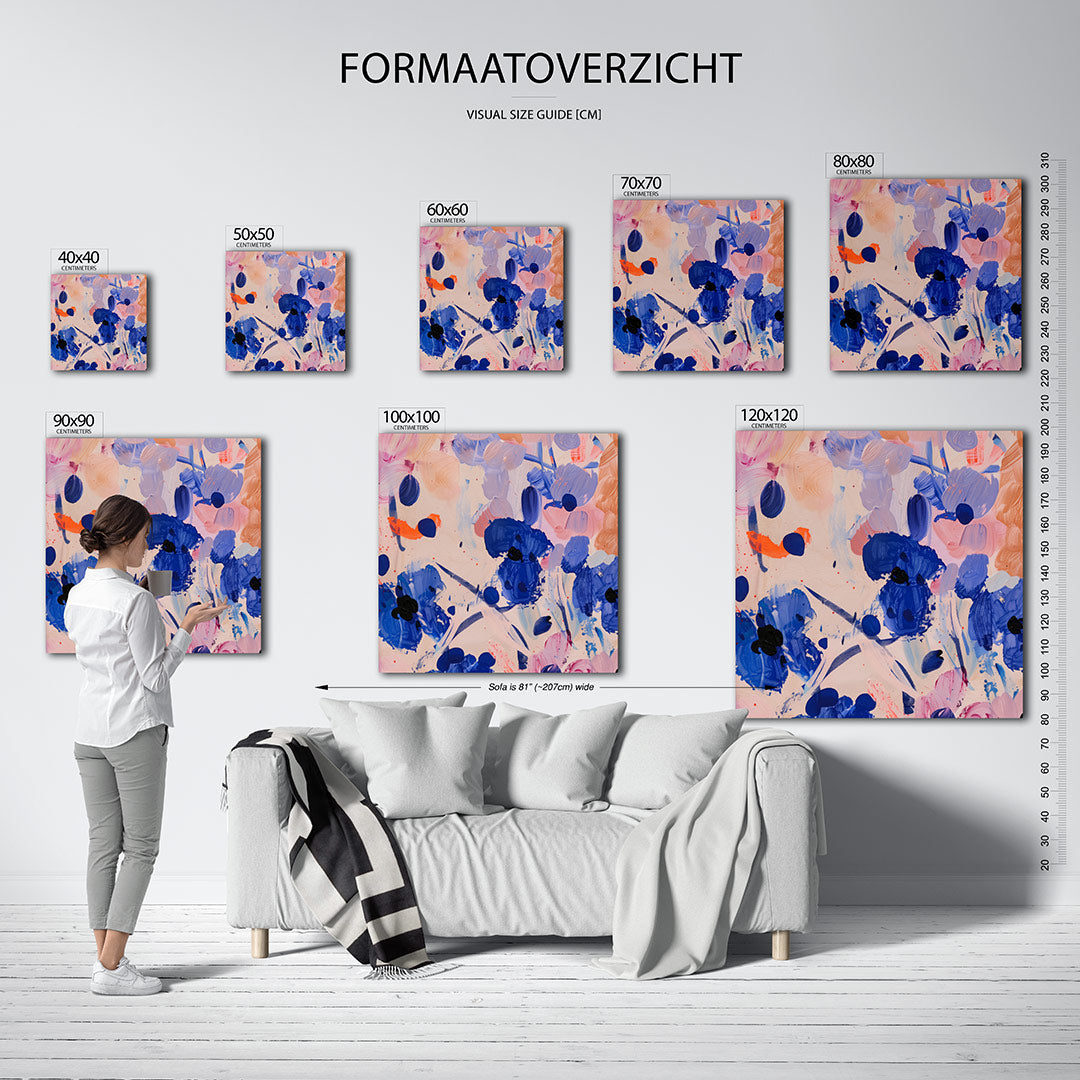 Dynamische kleurenexplosie kunstwerk – materiaalweergave – dit werk toont een levendige mix van blauwe en oranje vegen