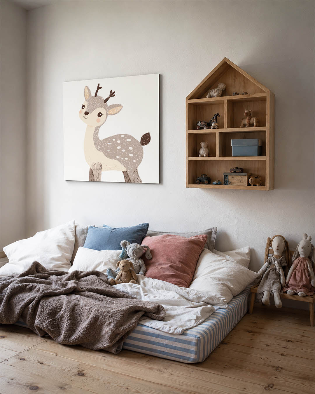 Speels hert kunstwerk – derde productweergave – dit kunstwerk toont een schattig hert met zachte lijnen en subtiele details.
