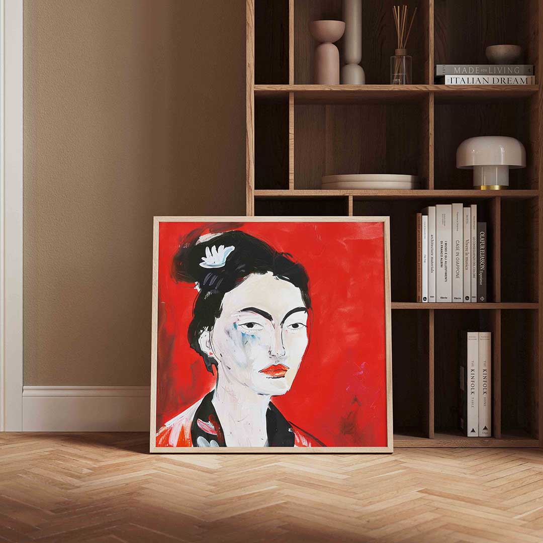 Portret met rode achtergrond – kleurrijke vierkante wanddecoratie van WallArtistic