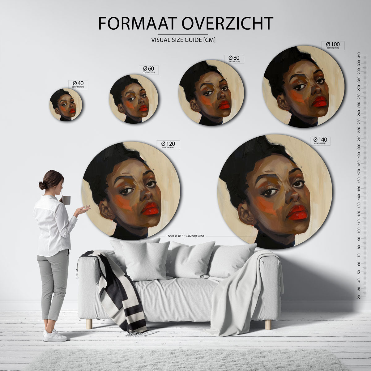 Portret met rode lippen – ronde muurdecoratie met kleur en vorm