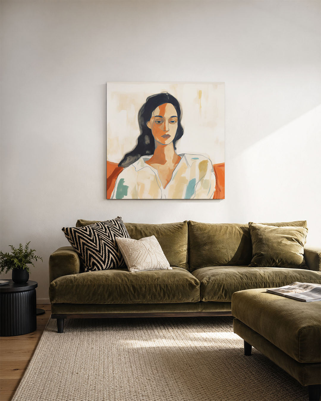 Vrouwelijk portret kunstwerk – derde productweergave – dit werk toont een vrouwelijk portret met vloeiende lijnen en zachte