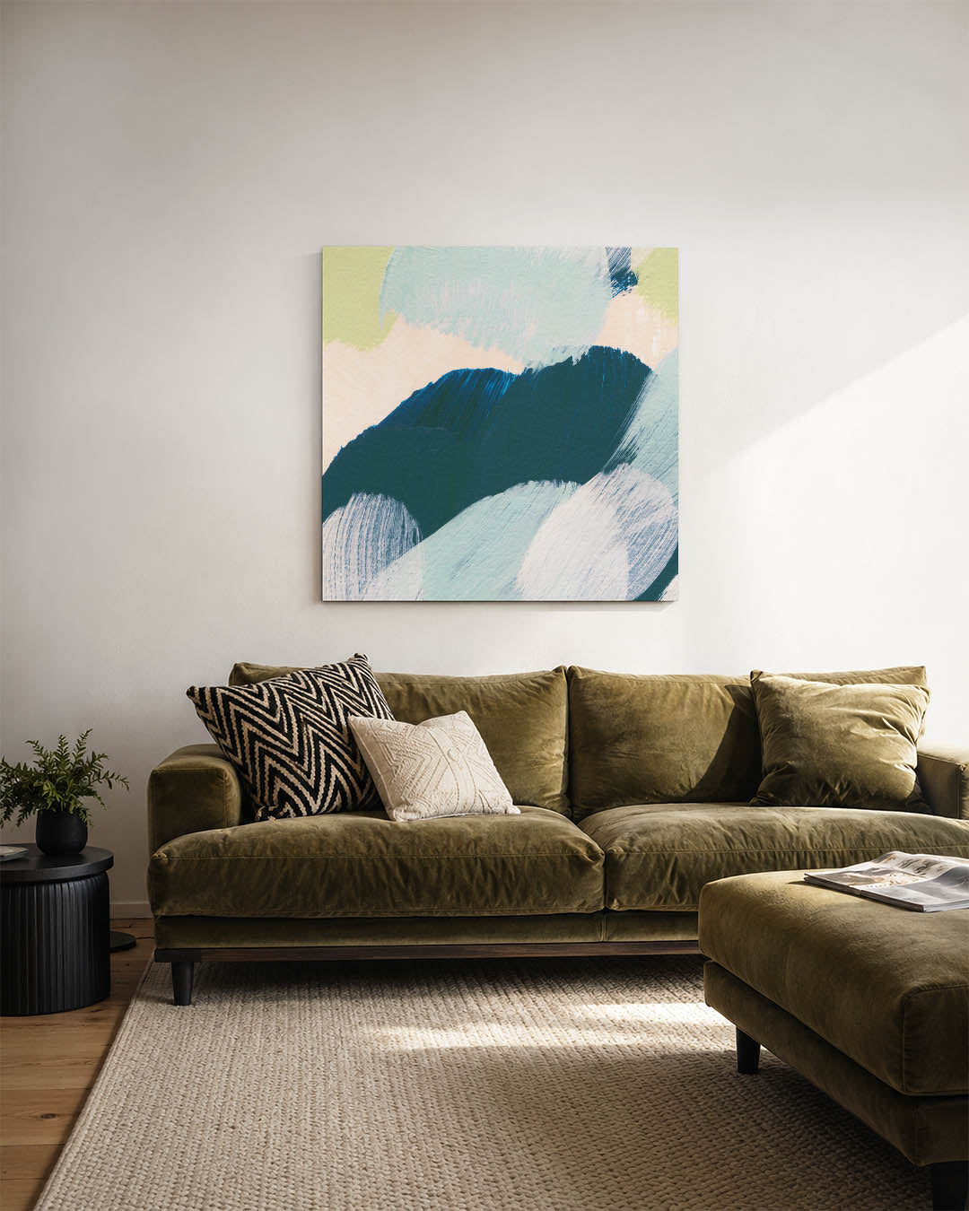 Dynamische kleurencompositie kunstwerk – sfeerbeeld – dit kunstwerk toont een levendige mix van gebogen penseelstreken in