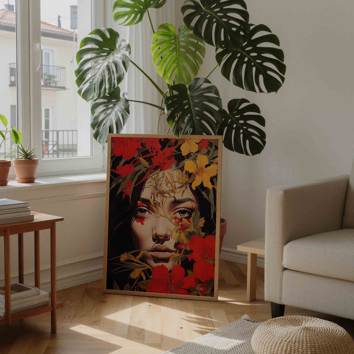 Bloemen en gezicht – staande botanische wanddecoratie van WallArtistic