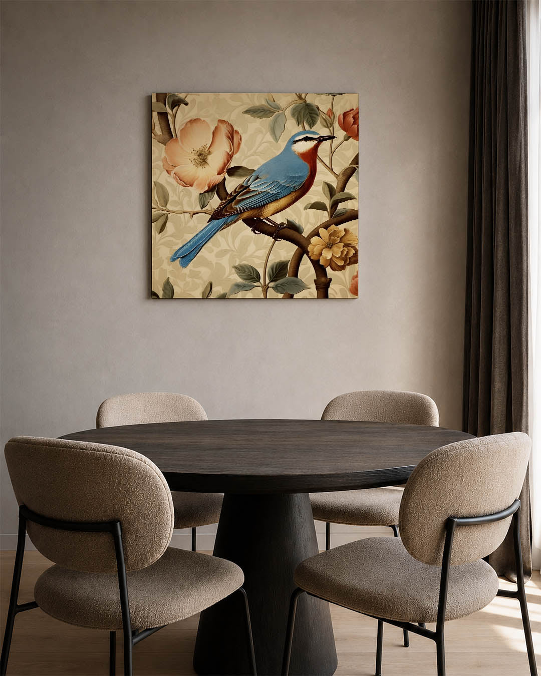 Vogel en bloemen kunstwerk – vierkante wanddecoratie – dit werk toont een kleurrijke vogel te midden van bloemen en bladeren