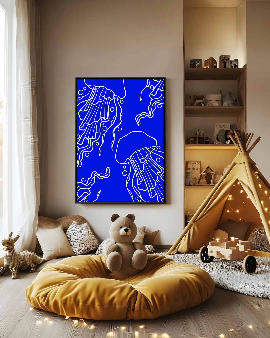Dromerige Kwallen in Diepblauw – canvas wanddecoratie in portret formaat