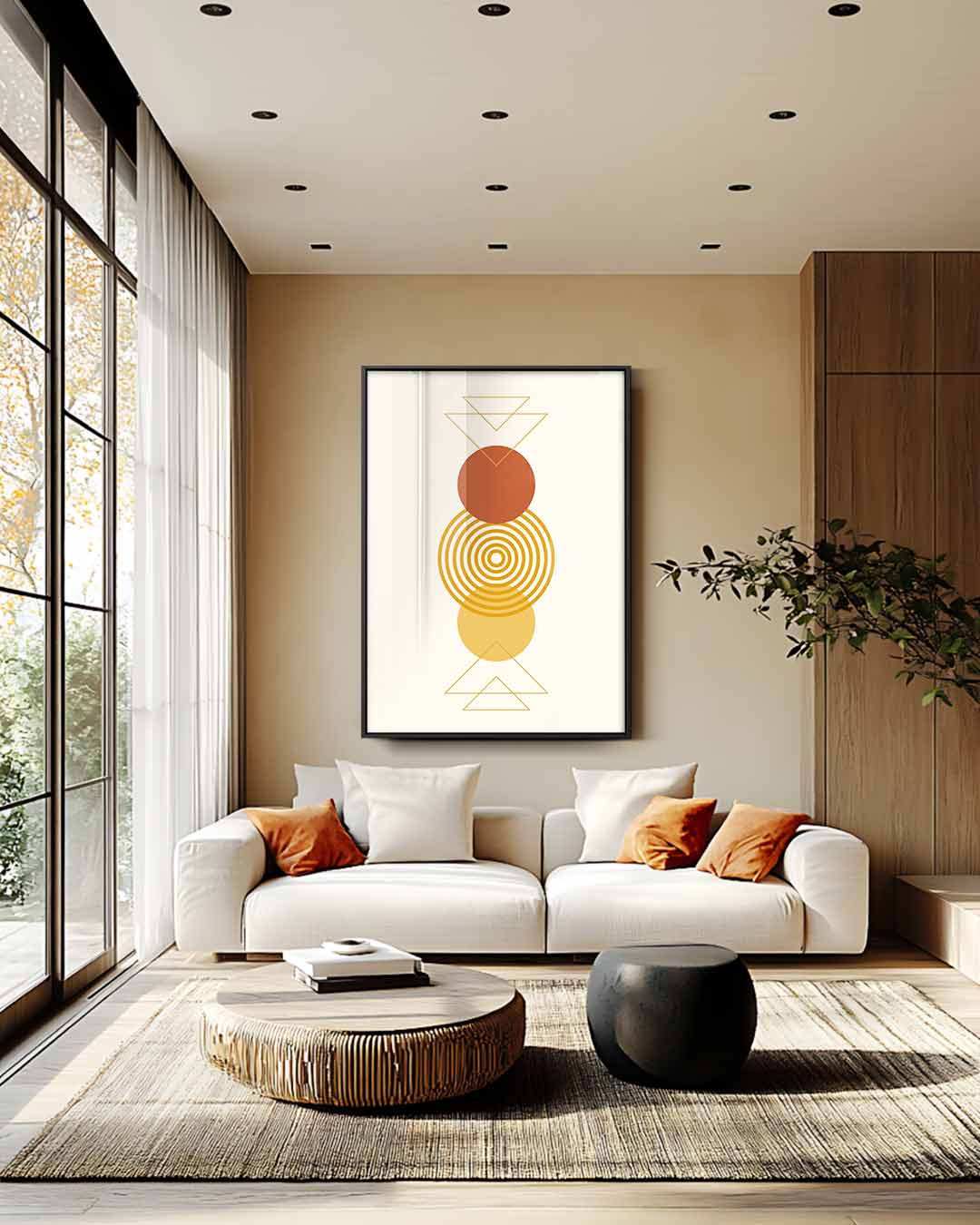 Abstracte Cirkel- en Driehoek Compositie – canvas wanddecoratie in portret formaat