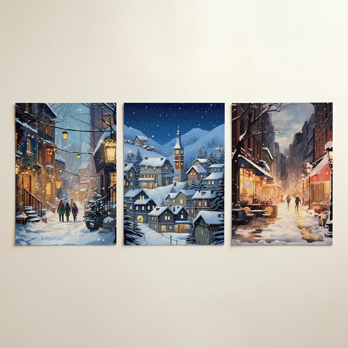 Winterse straatsfeer driedelige posterset in interieur