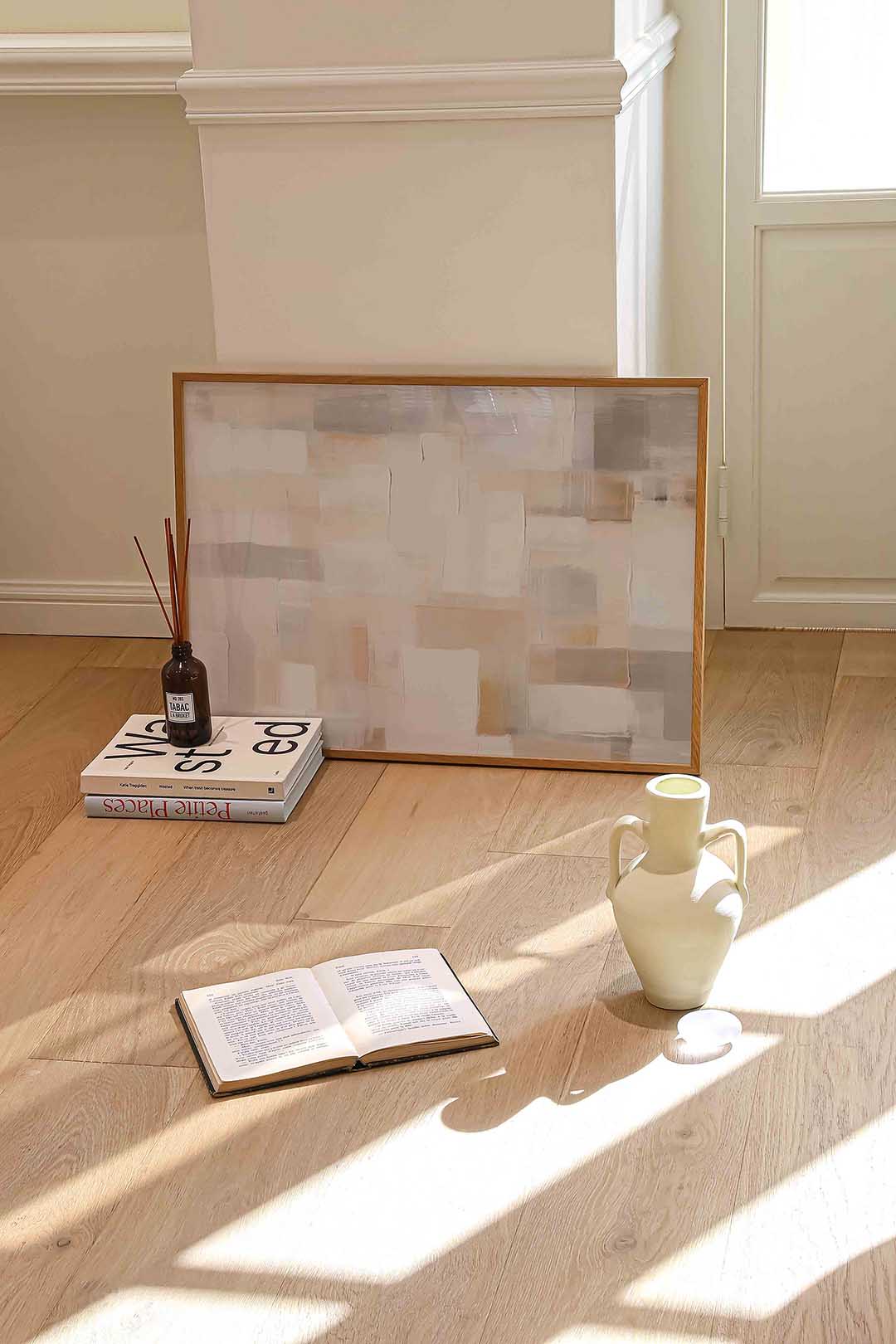 Abstracte beige en grijze vlakken – liggende abstracte wanddecoratie van WallArtistic