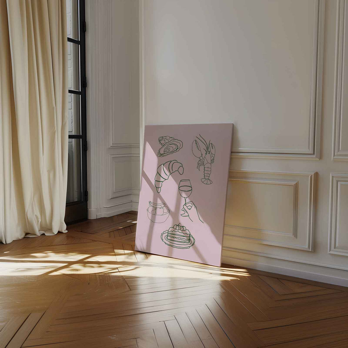 Culinaire Illustratie op Roze – staand kunstwerk voor modern interieur