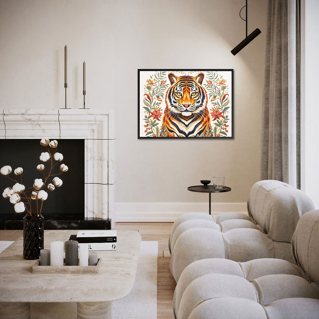 Tijgerportret met bloemen – liggende wanddecoratie