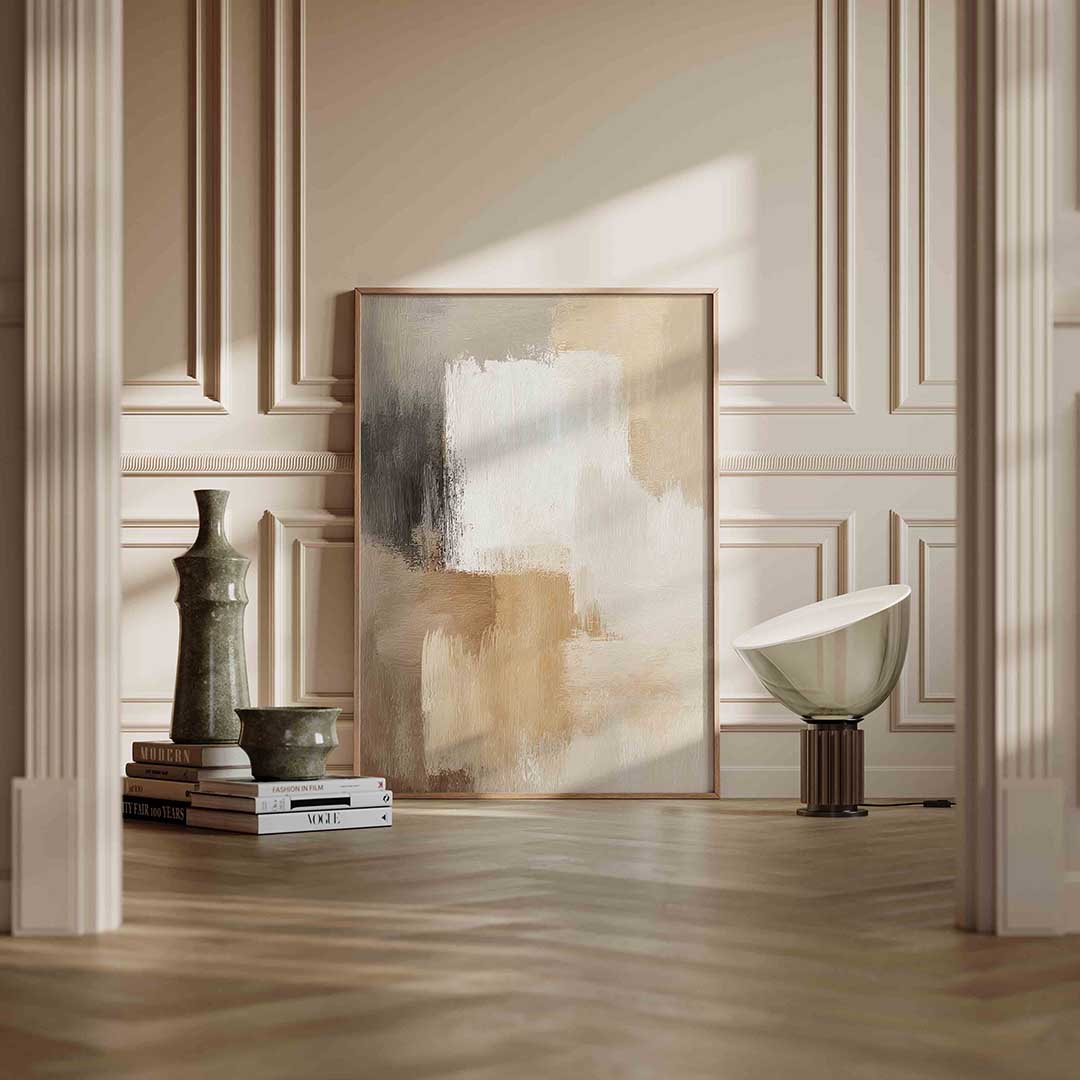 Abstracte beige en grijze – staande abstracte textuur wanddecoratie van WallArtistic