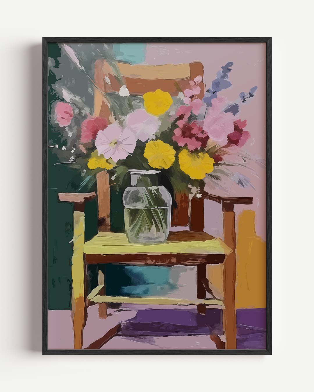 Romantische Bloemenpracht op Houten Stoel – bloemen portret poster als wanddecoratie