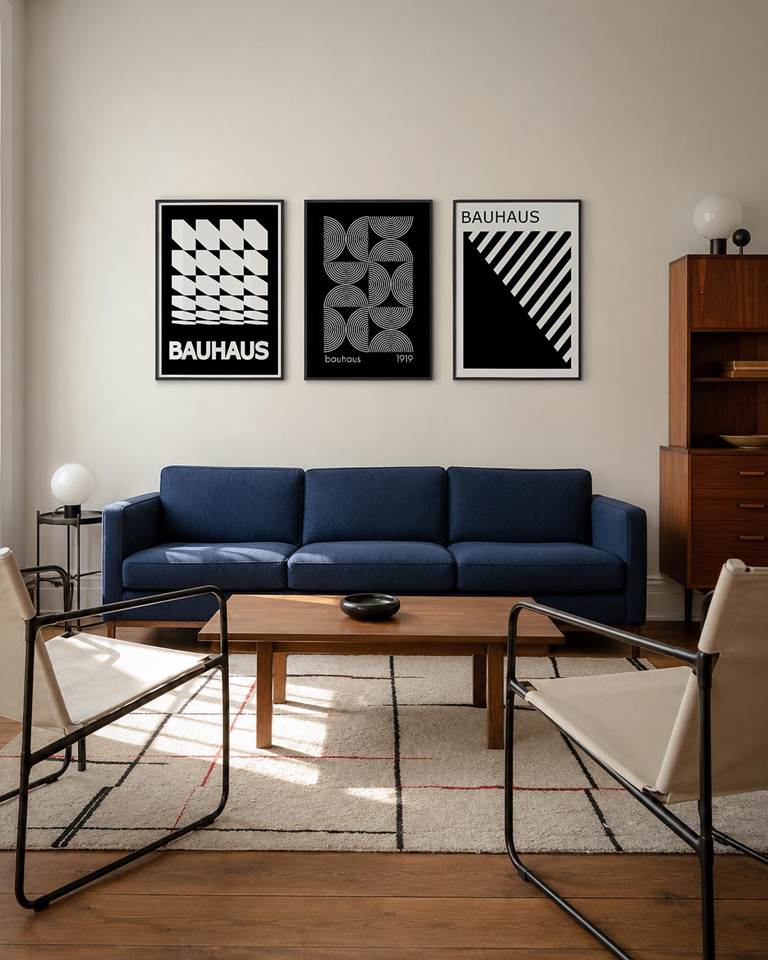Vorm en ritme driedelige posterset – zwart-wit patroon met diagonale lijnen en blokken. Contrasterende vlakken creëren een