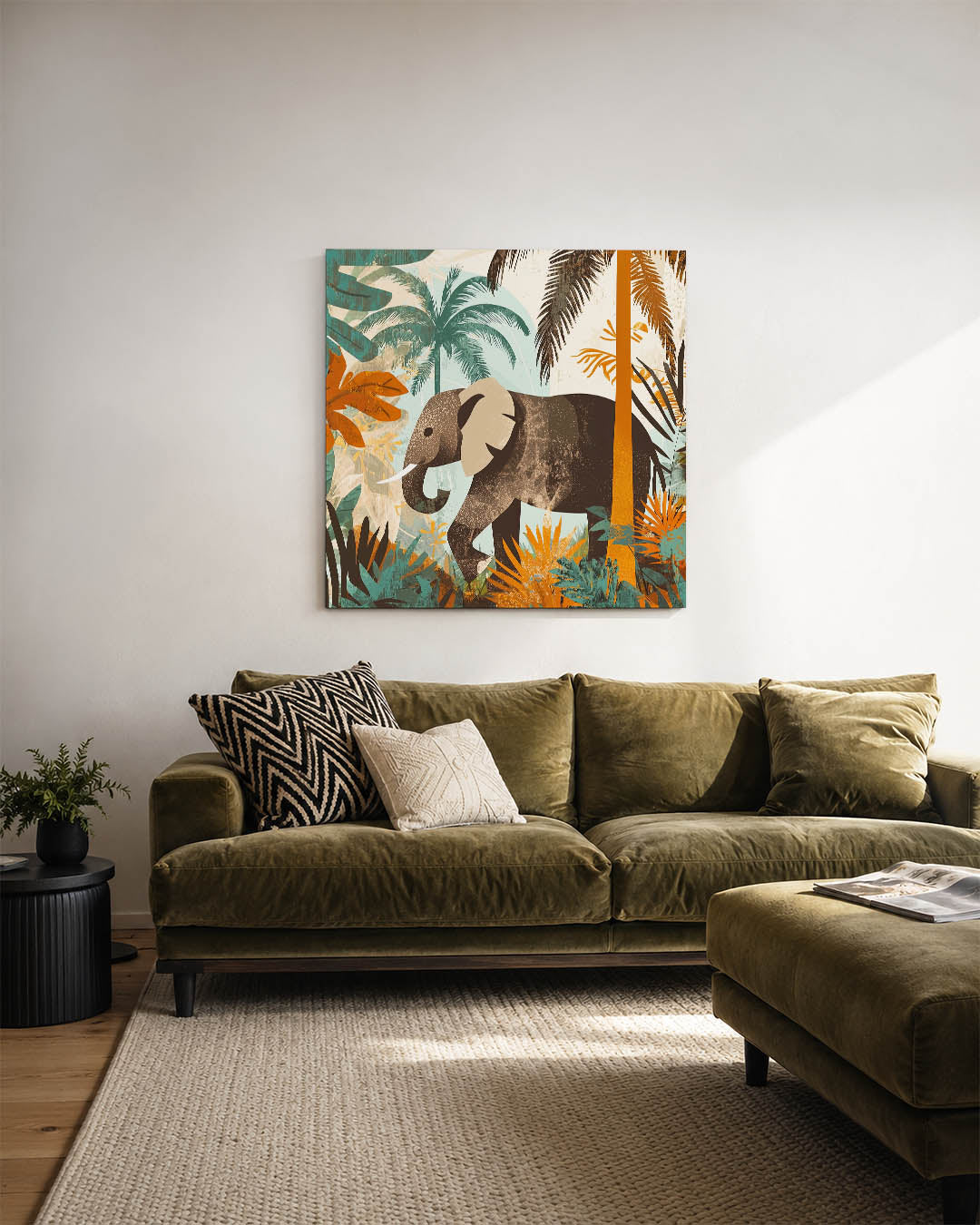 Dierlijke jungle scène kunstwerk – sfeerbeeld – dit kunstwerk toont een olifant in een weelderige jungle, omringd door