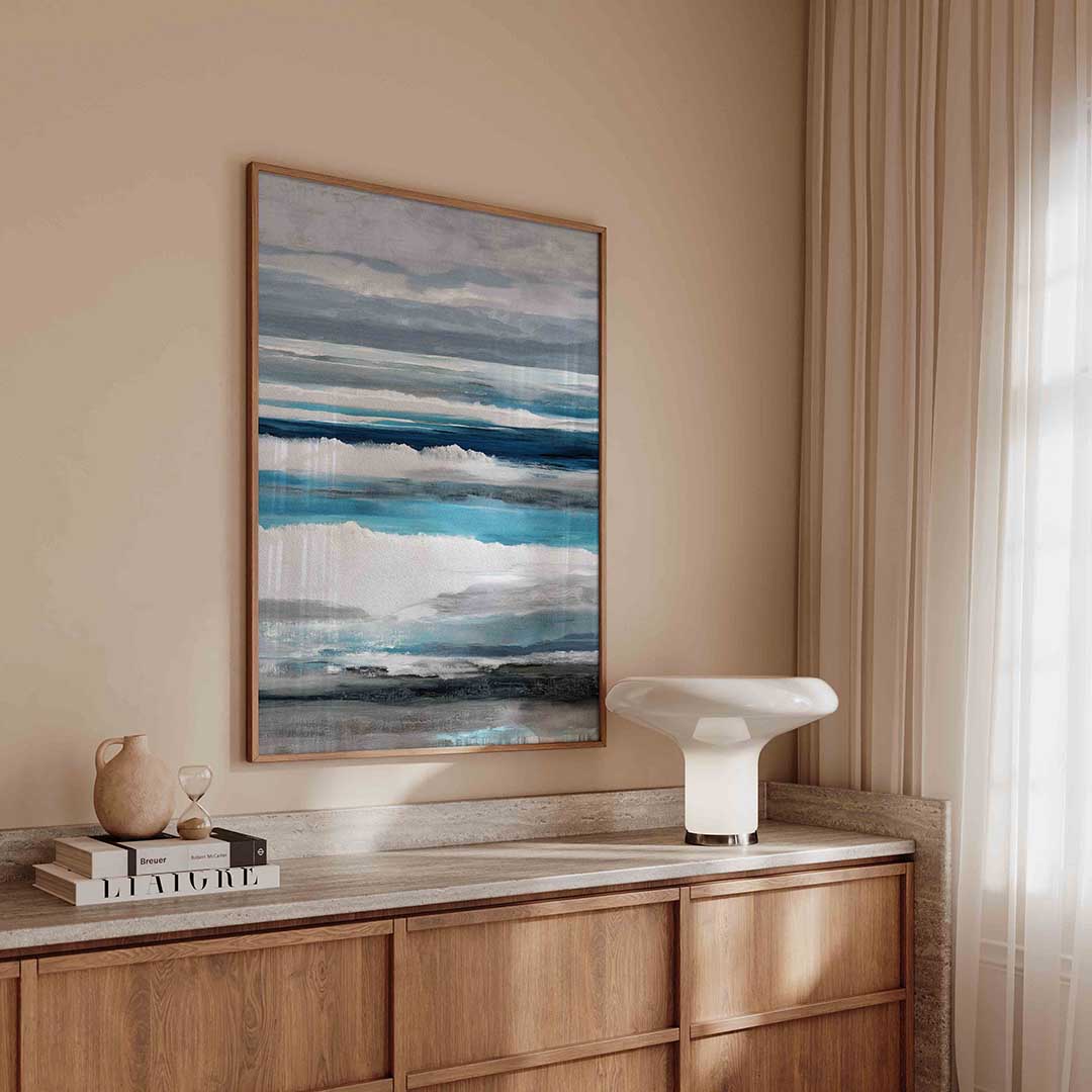 Horizontale lijnen in blauw en grijs – abstracte poster in staand formaat