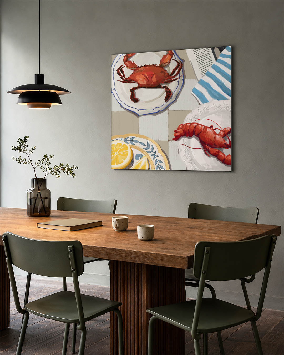 Maritieme tafelscène kunstwerk – tweede productweergave – dit kunstwerk toont een tafelscène met zeevruchten en citroenen op
