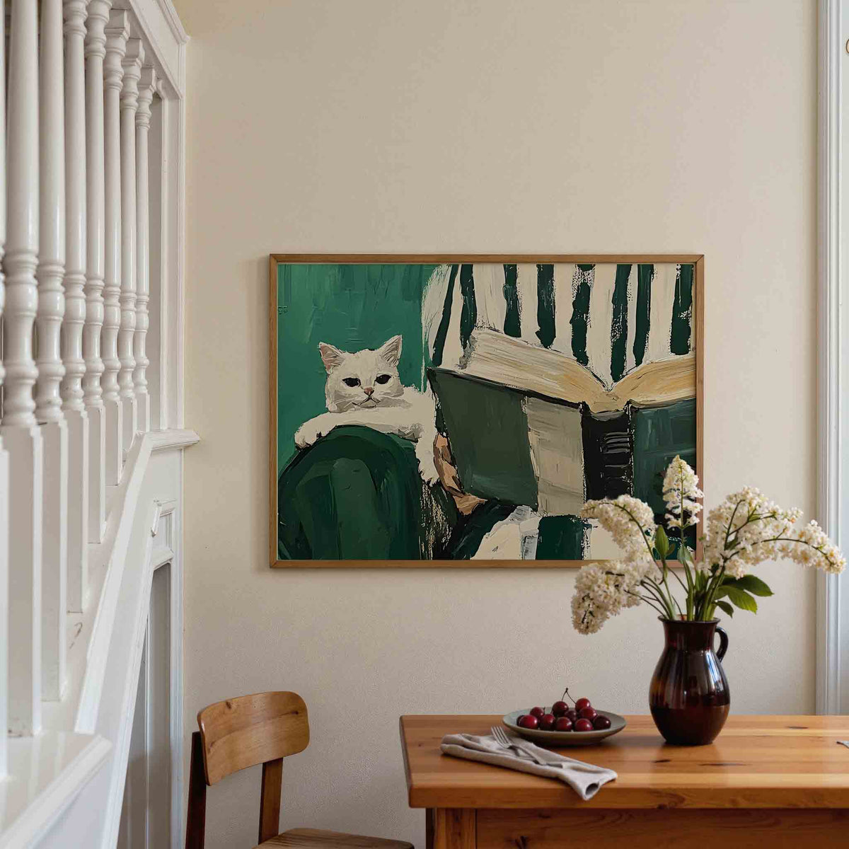 Witte kat en boek – liggende illustratie poster als wanddecoratie