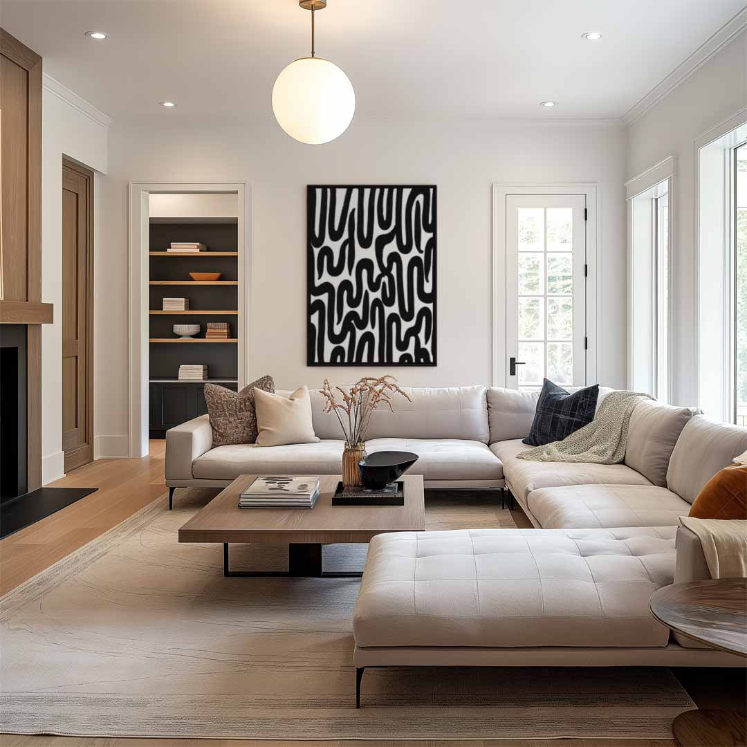 Golvende Zwarte Lijnen op Wit – staand kunstwerk voor modern interieur