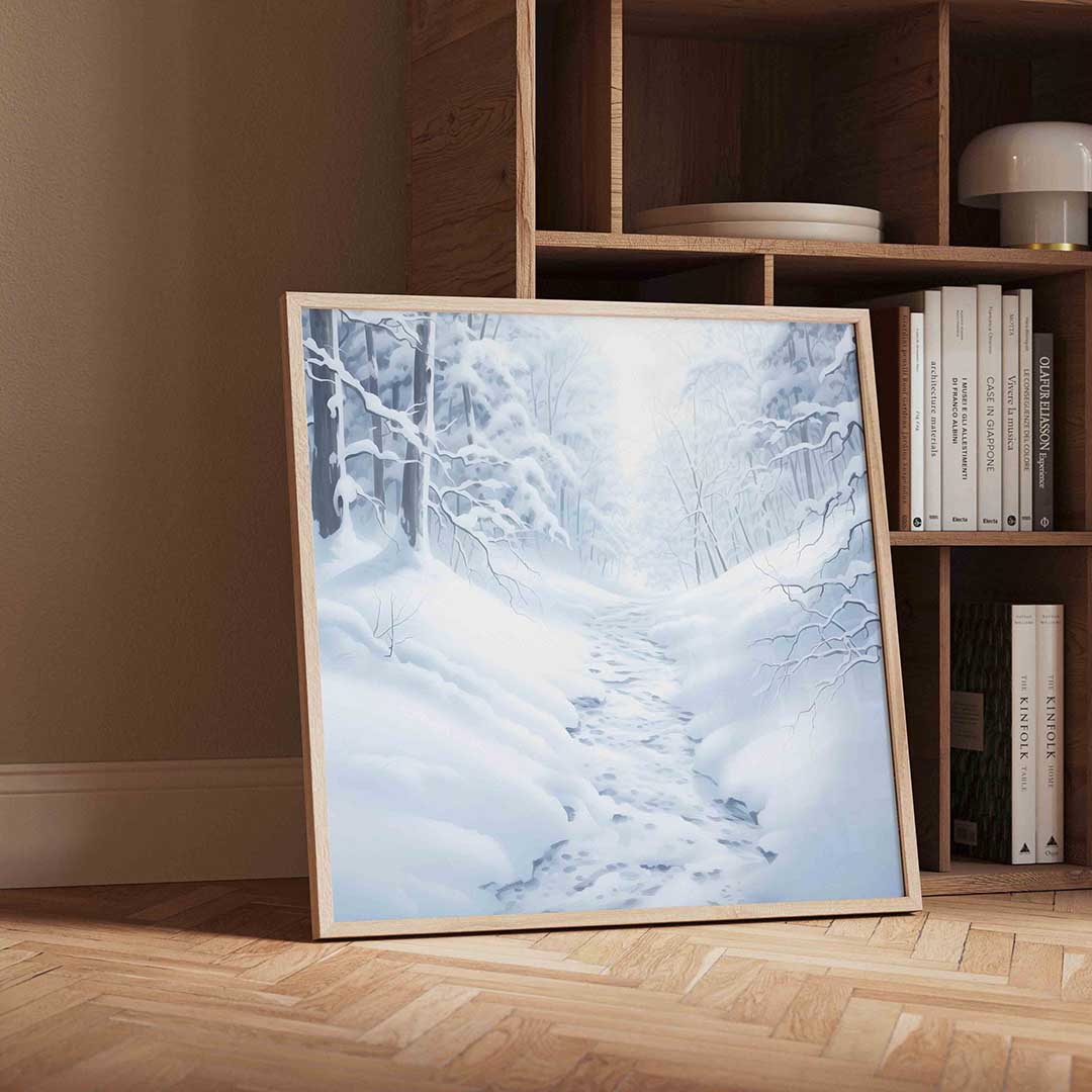 Winterlandschap met besneeuwde bomen – vierkante kerst wanddecoratie van WallArtistic