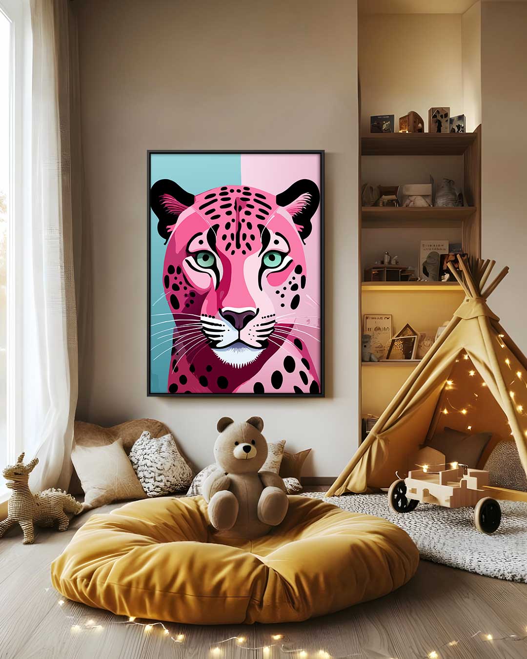 Kleurrijke Luipaard Expressie – canvas wanddecoratie in portret formaat