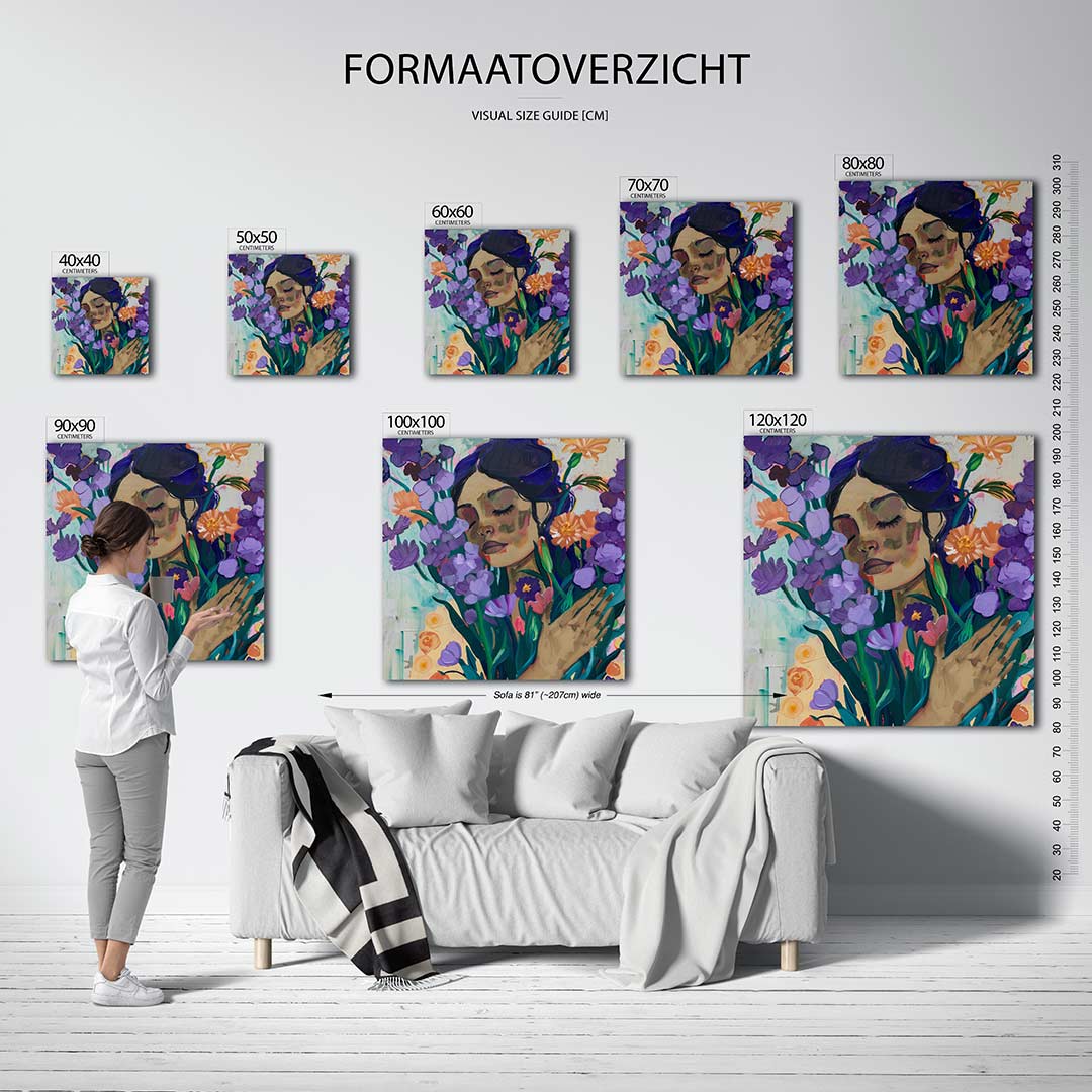 Dromerige bloemenportret kunstwerk – sfeerbeeld – dit werk toont een serene vrouw omringd door kleurrijke bloemen. De
