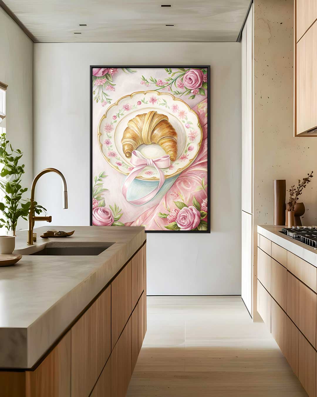 Croissant op Bloemenbord – kunstwerk met zwarte baklijst