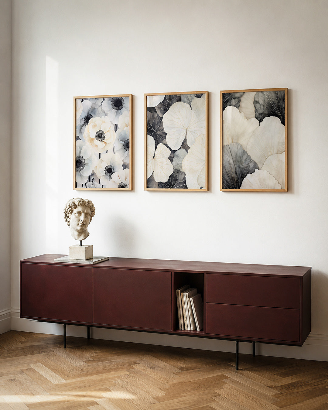 Bloemrijke harmonie posterset – detailweergave – deze posterset in drie delen toont grote bloemen in zachte