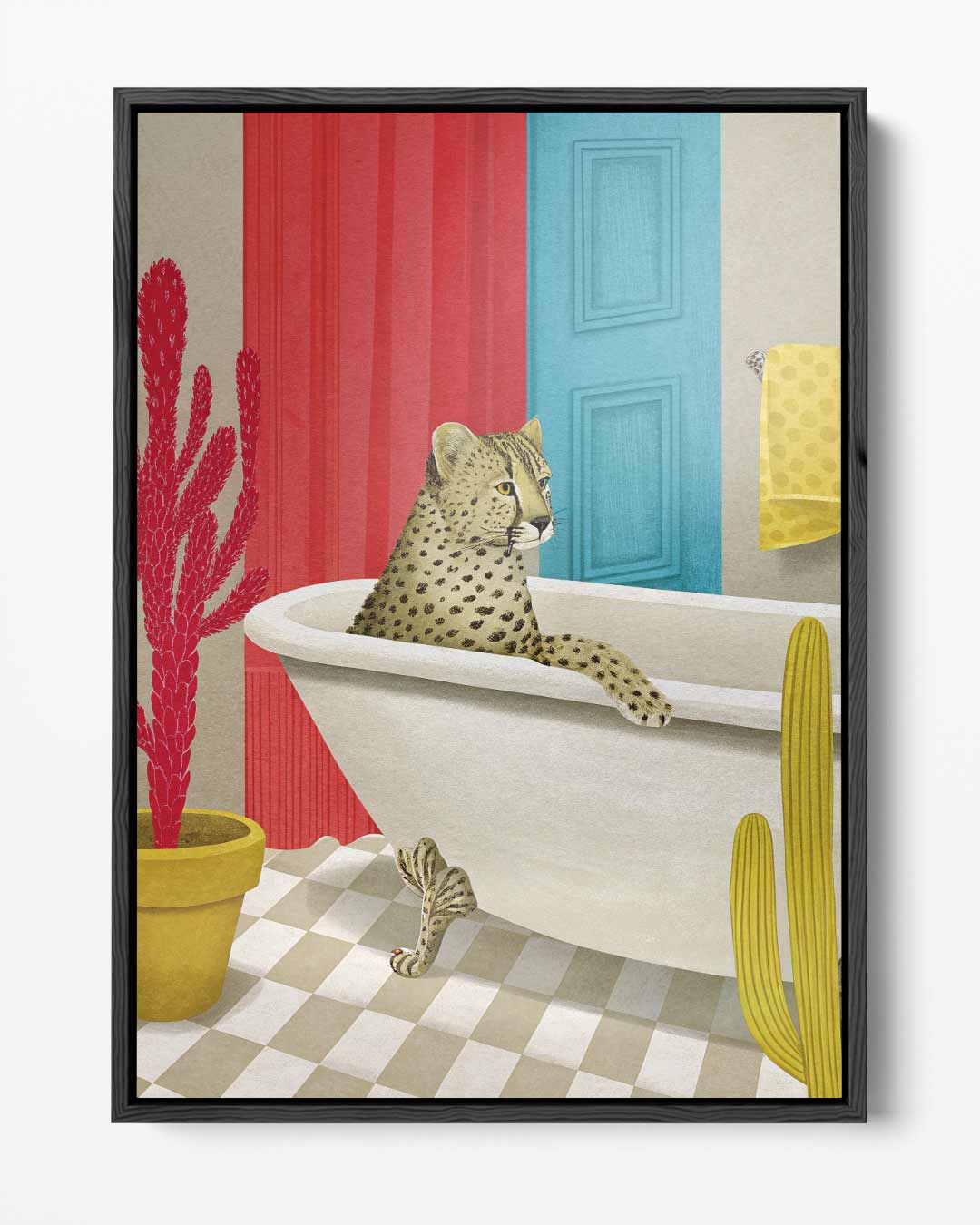 Luierende Luipaard in Stijlvol Bad – portret kunstwerk als wanddecoratie