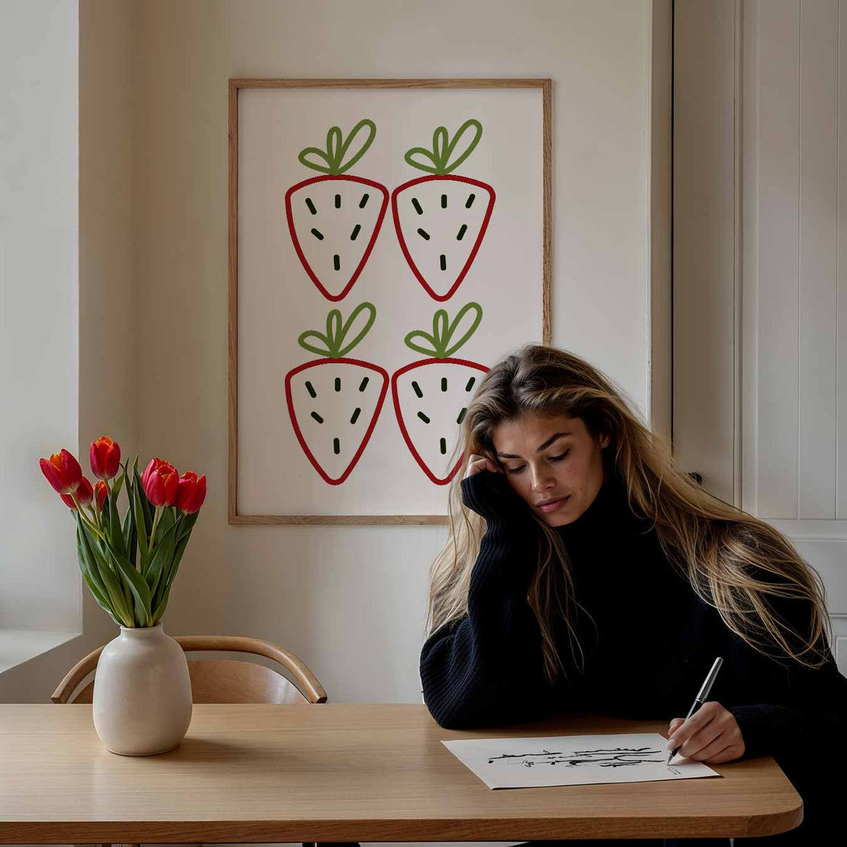Vrolijke Aardbei Illustratie – keuken poster als sfeervolle staande wanddecoratie