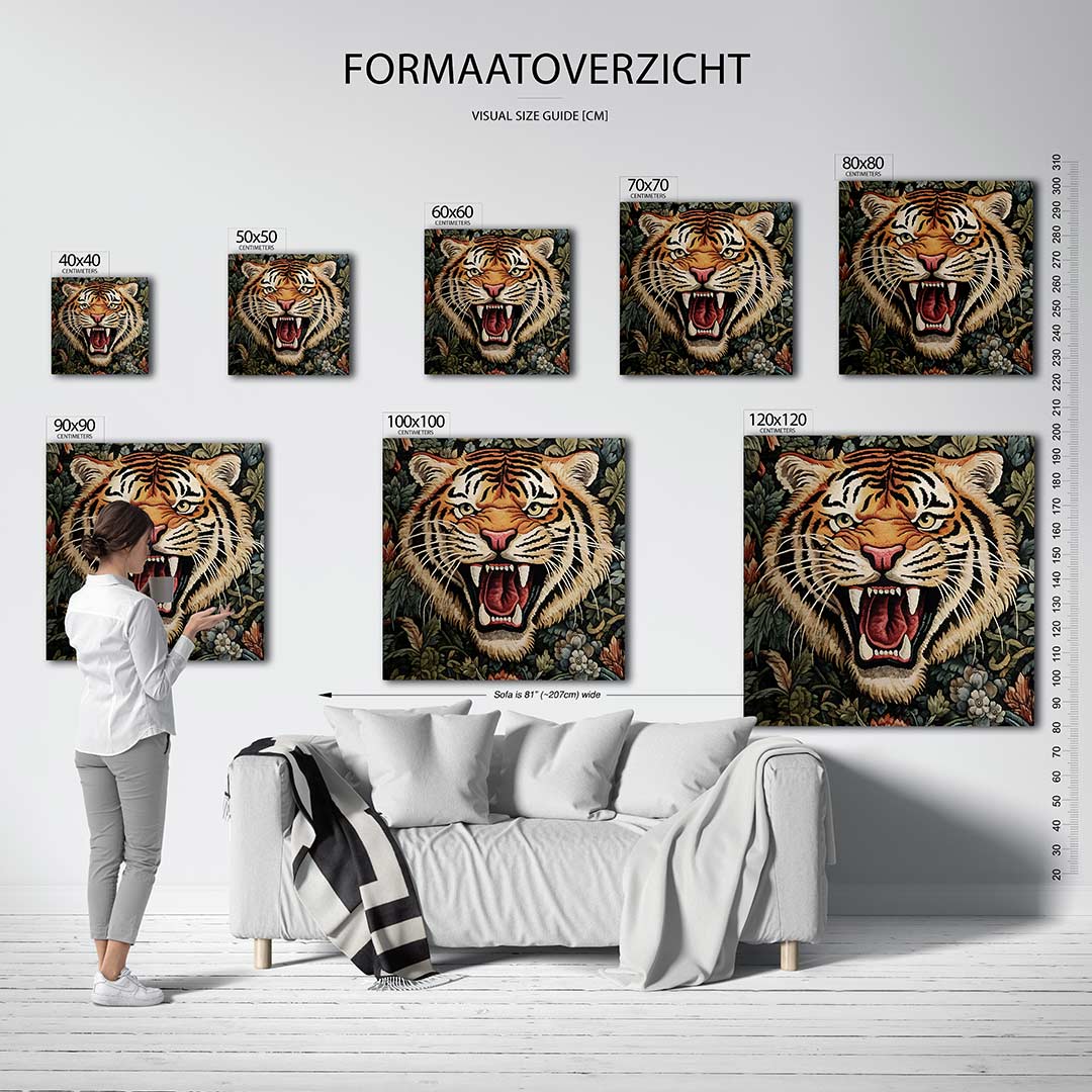 Dierlijke kracht kunstwerk – sfeerbeeld – dit kunstwerk toont een krachtige tijgerkop met intense kleuren en gedetailleerde