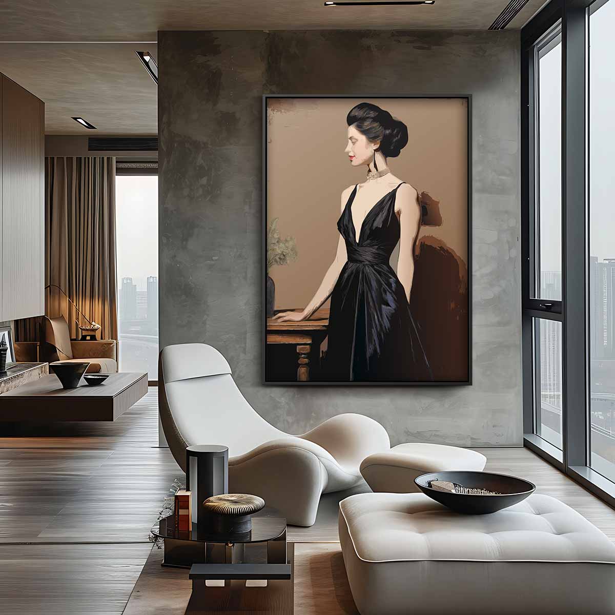 Elegante Dame in Zwart – staand kunstwerk voor modern interieur