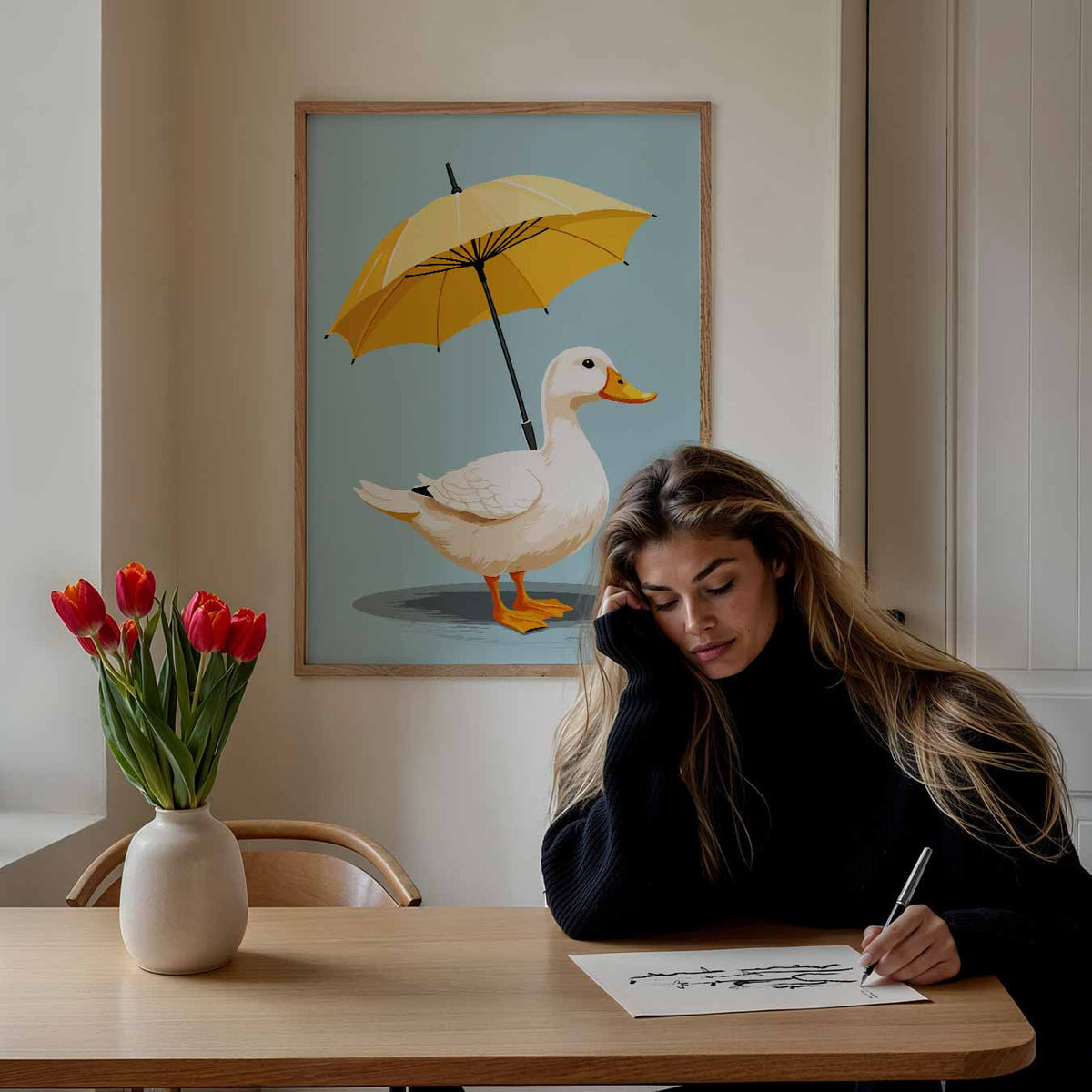 Vrolijke Eend met Paraplu – zomer poster als frisse staande wanddecoratie