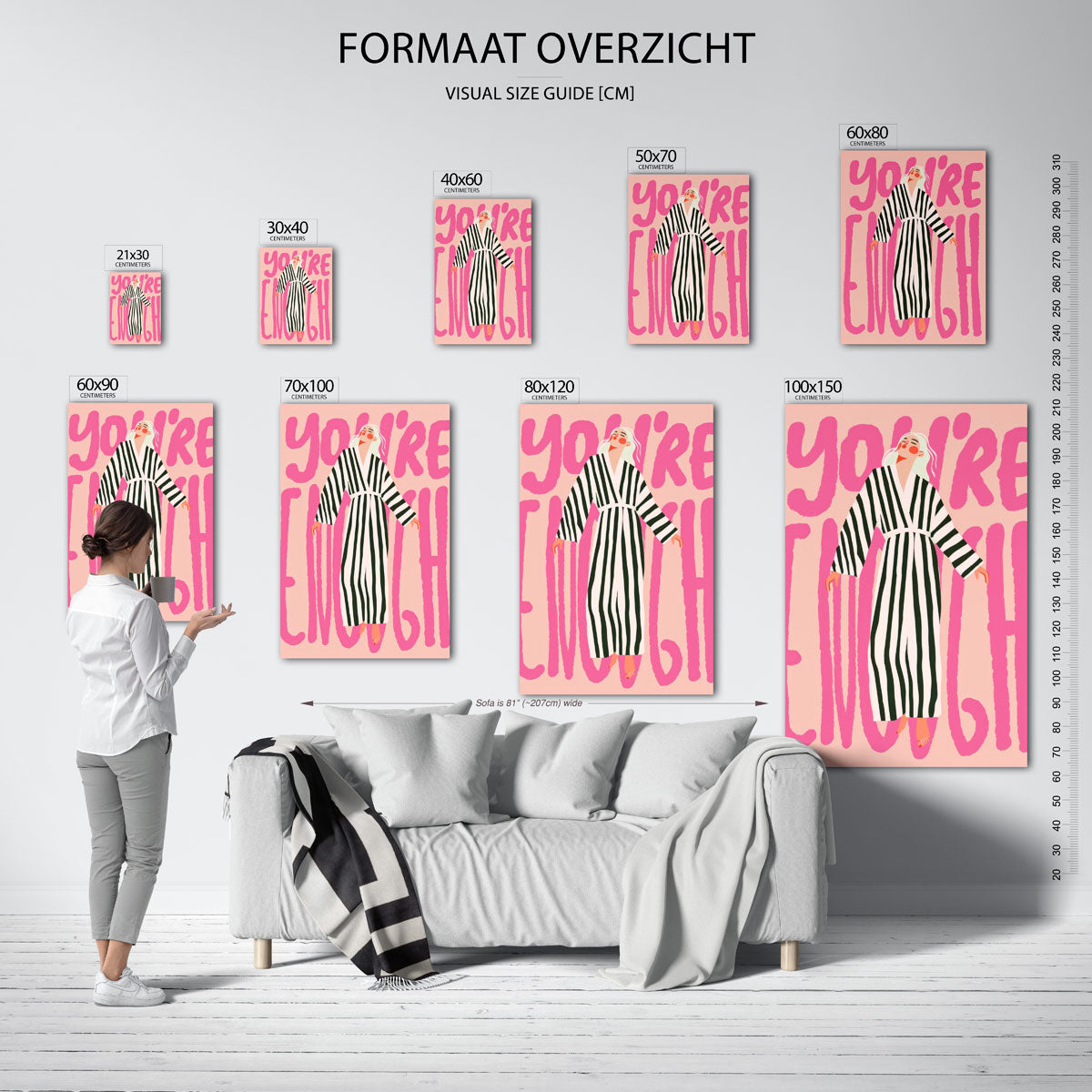 Gestreepte jurk en roze tekst – staande muurposter met kleurrijke illustratie