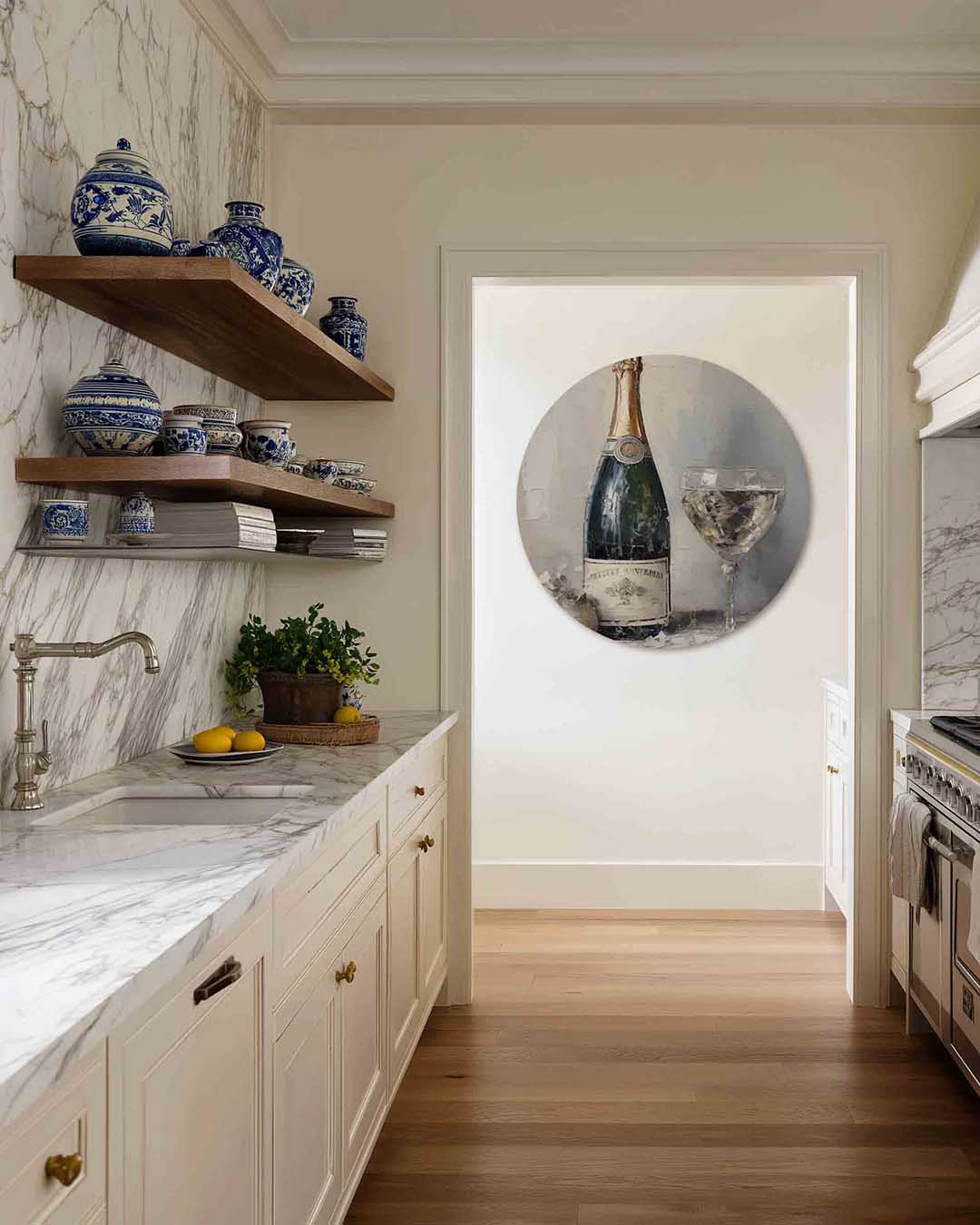 Champagnefles en glas – moderne abstracte muurcirkel voor aan de muur