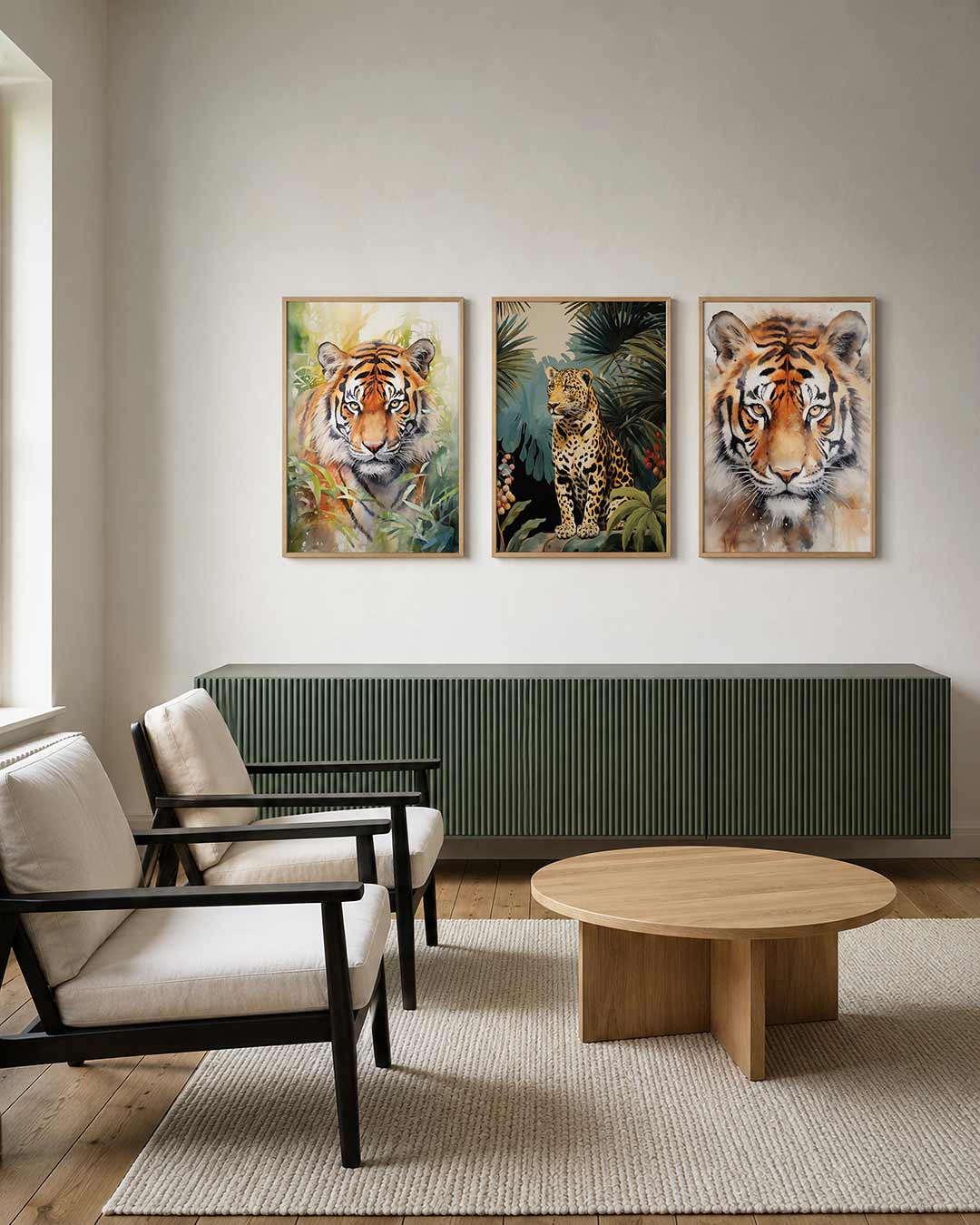 Tijger in kleuren posterset – tweede productweergave – deze posterset toont een majestueuze tijger omringd door