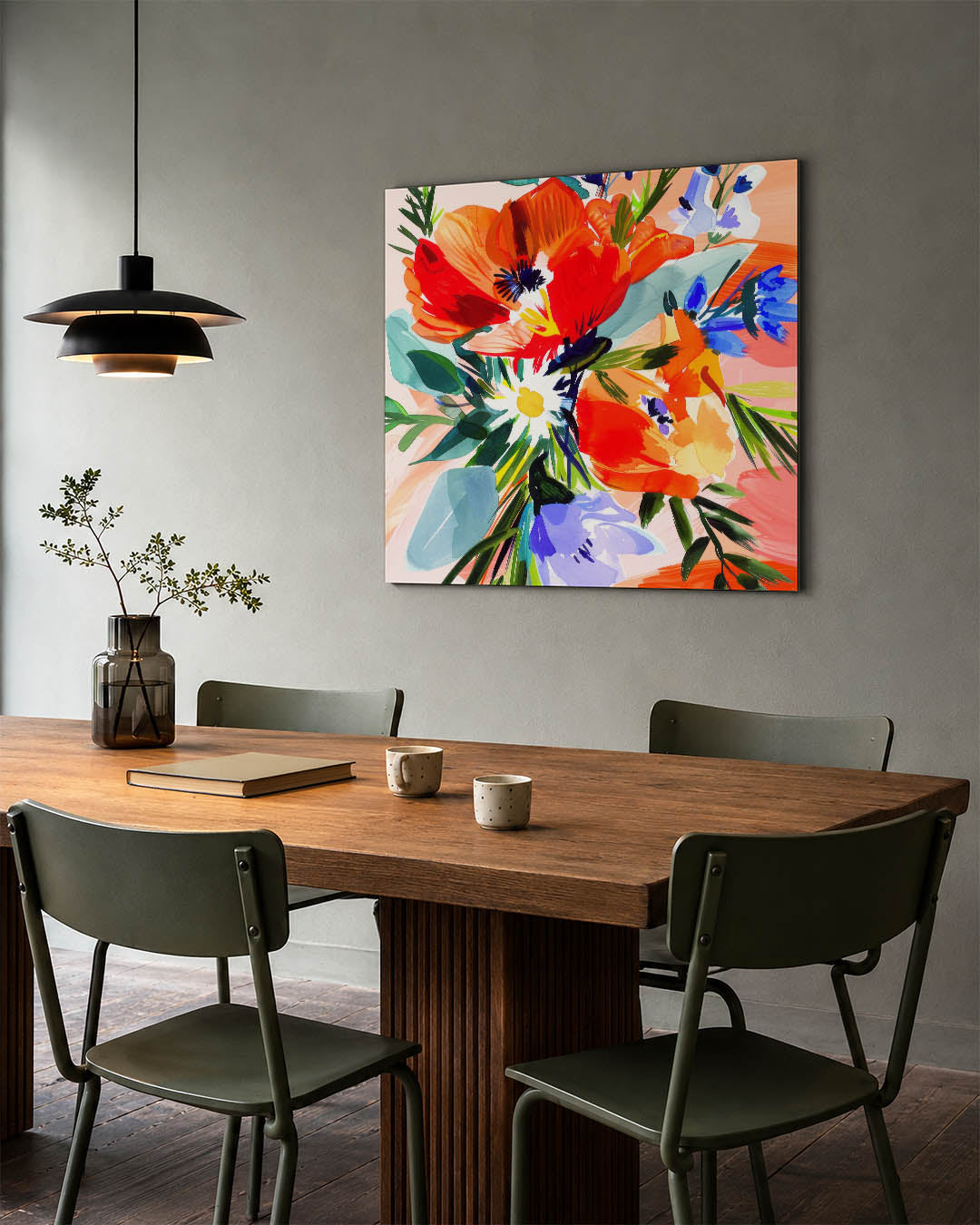 Kleurrijke bloemencompositie kunstwerk – tweede productweergave – dit werk toont een levendige verzameling bloemen in diverse