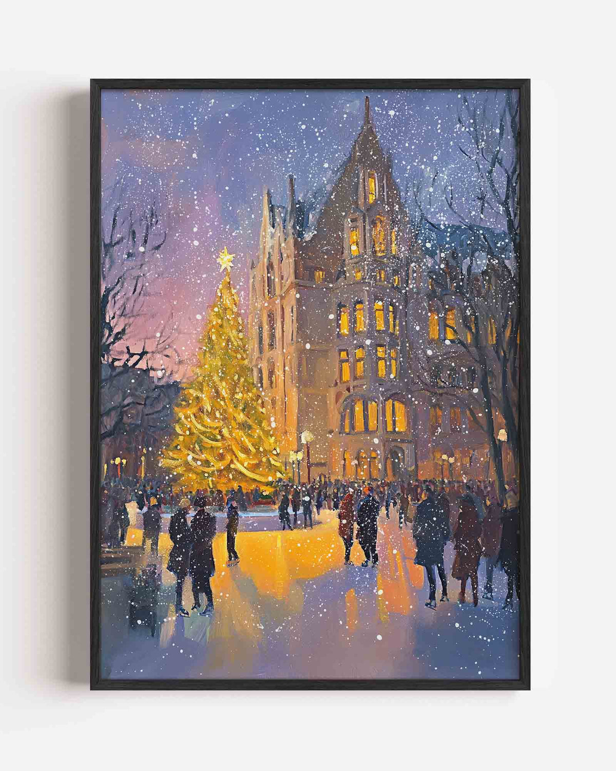 Kerstboom en gebouw – kerst portret poster als wanddecoratie