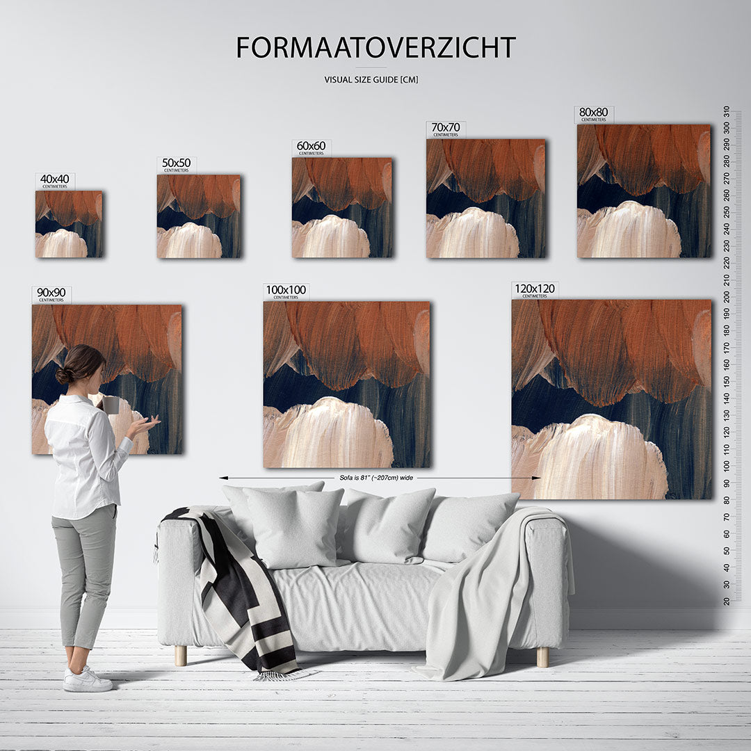 Organische penseelstreken kunstwerk – dit werk toont vloeiende penseelstreken in warme tinten. De compositie bestaat uit