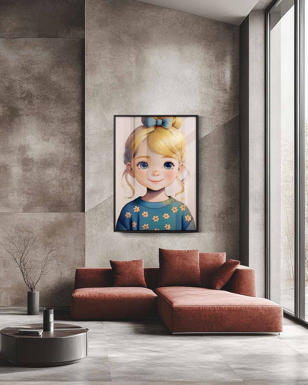 Blond meisje met bloementrui – staande wandkunst voor woonkamer of interieur