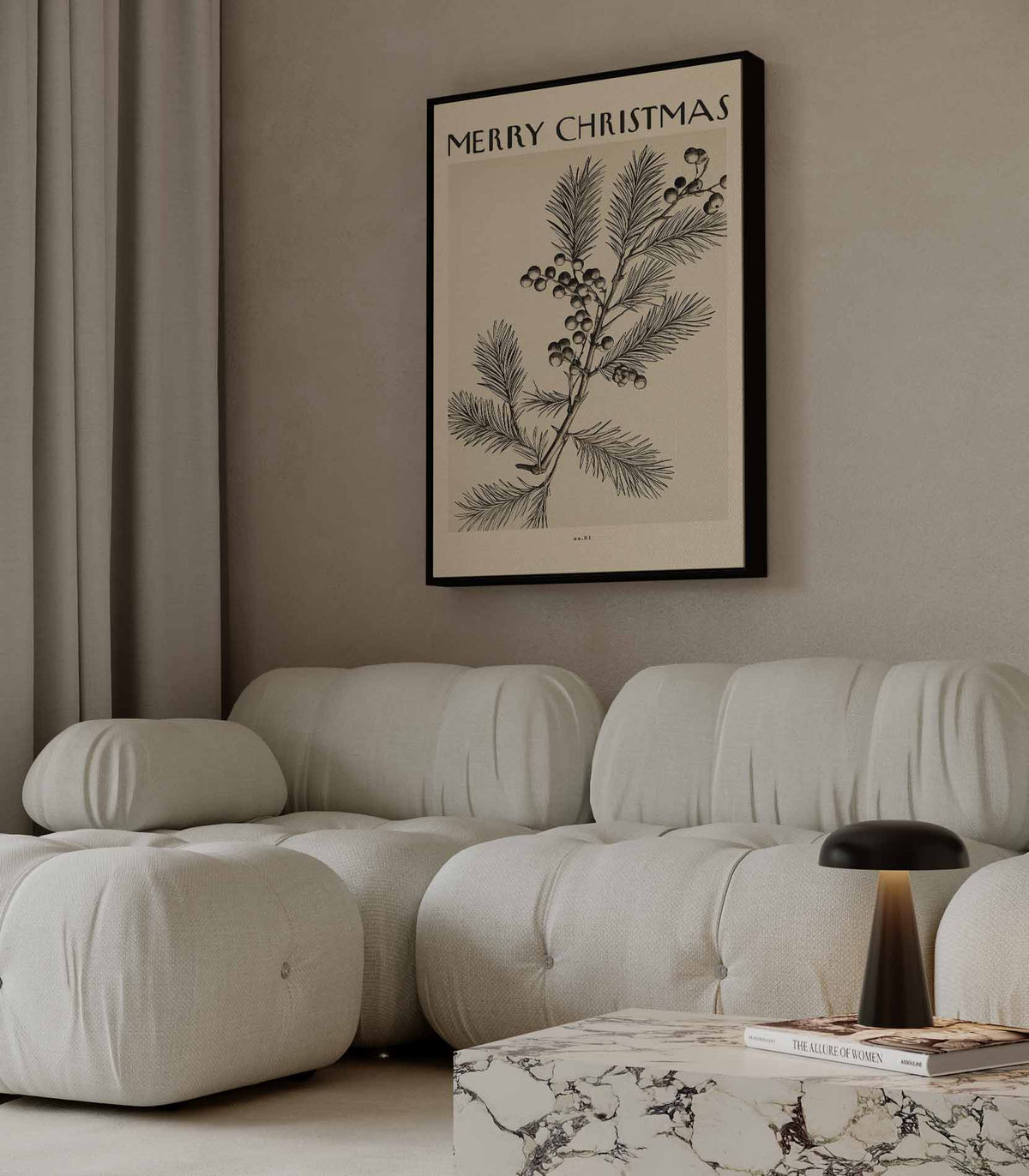 Vintage Kerstkaart met Dennen en Bessen – dibond wanddecoratie in staand formaat