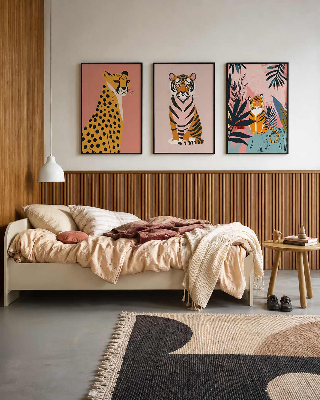Vorm en kleur driedelige posterset – een sierlijke cheetah met zwarte stippen op een warme, roze