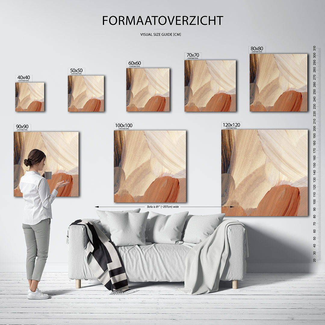 Organische borstelstreken kunstwerk – dit werk toont vloeiende, organische vormen in zachte beige en bruin tinten. De