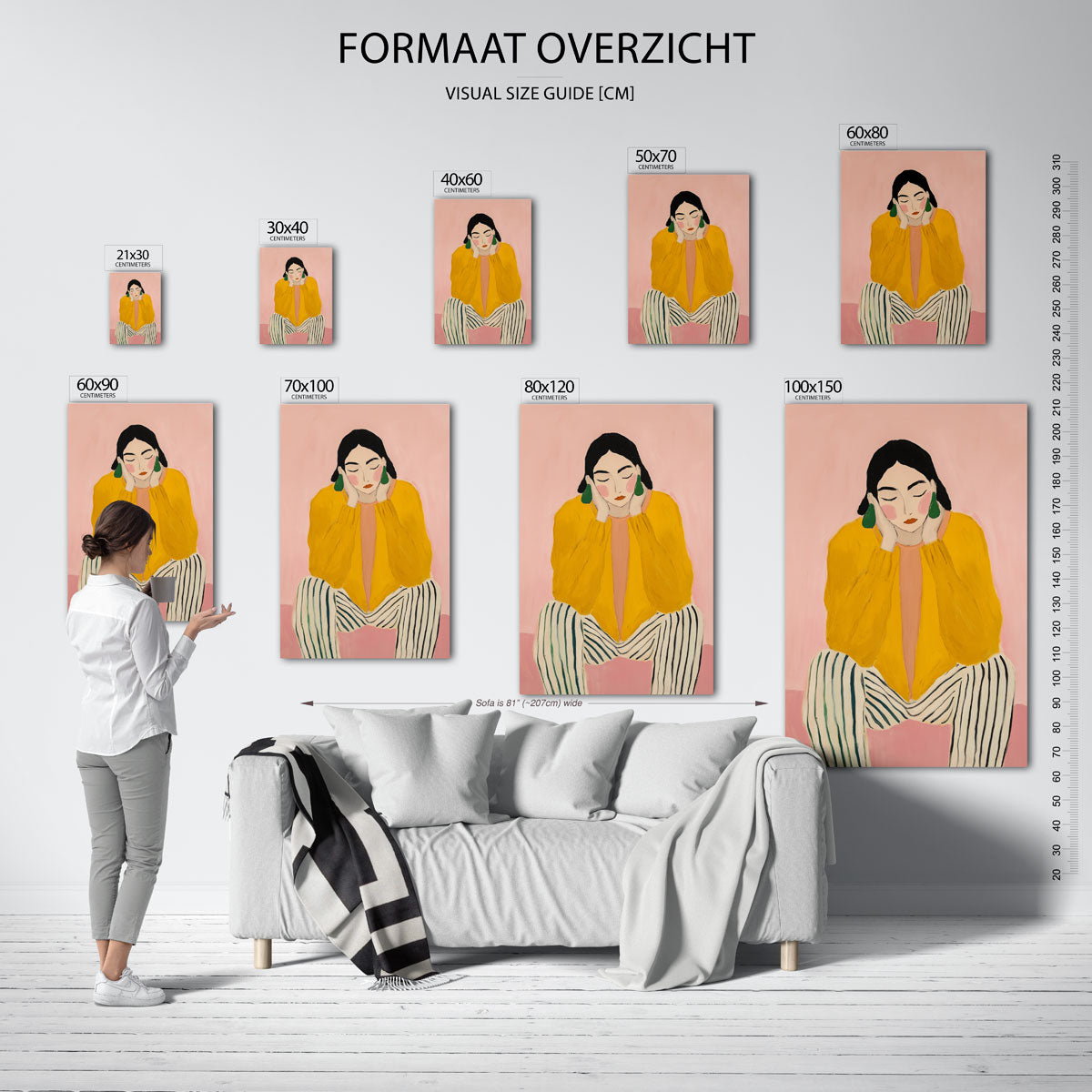 Vrouw in gele trui – staande muurposter voor een modern interieur