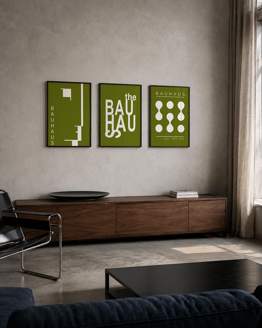 Lijnen en vlakken posterset – tweede productweergave – deze posterset in drie delen toont een spel van olijfgroene en witte