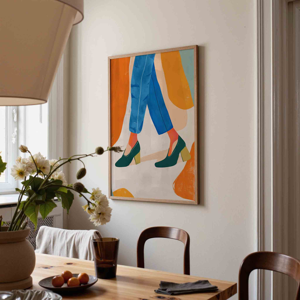 Stappen in blauwe broek – eigentijdse illustratie poster in staand formaat