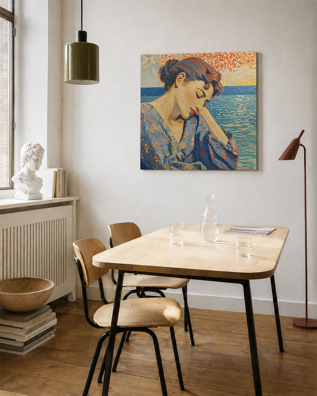 Dromerige vrouw kunstwerk – vierkante wanddecoratie – dit werk toont een vrouw met gesloten ogen, omringd door een zee en
