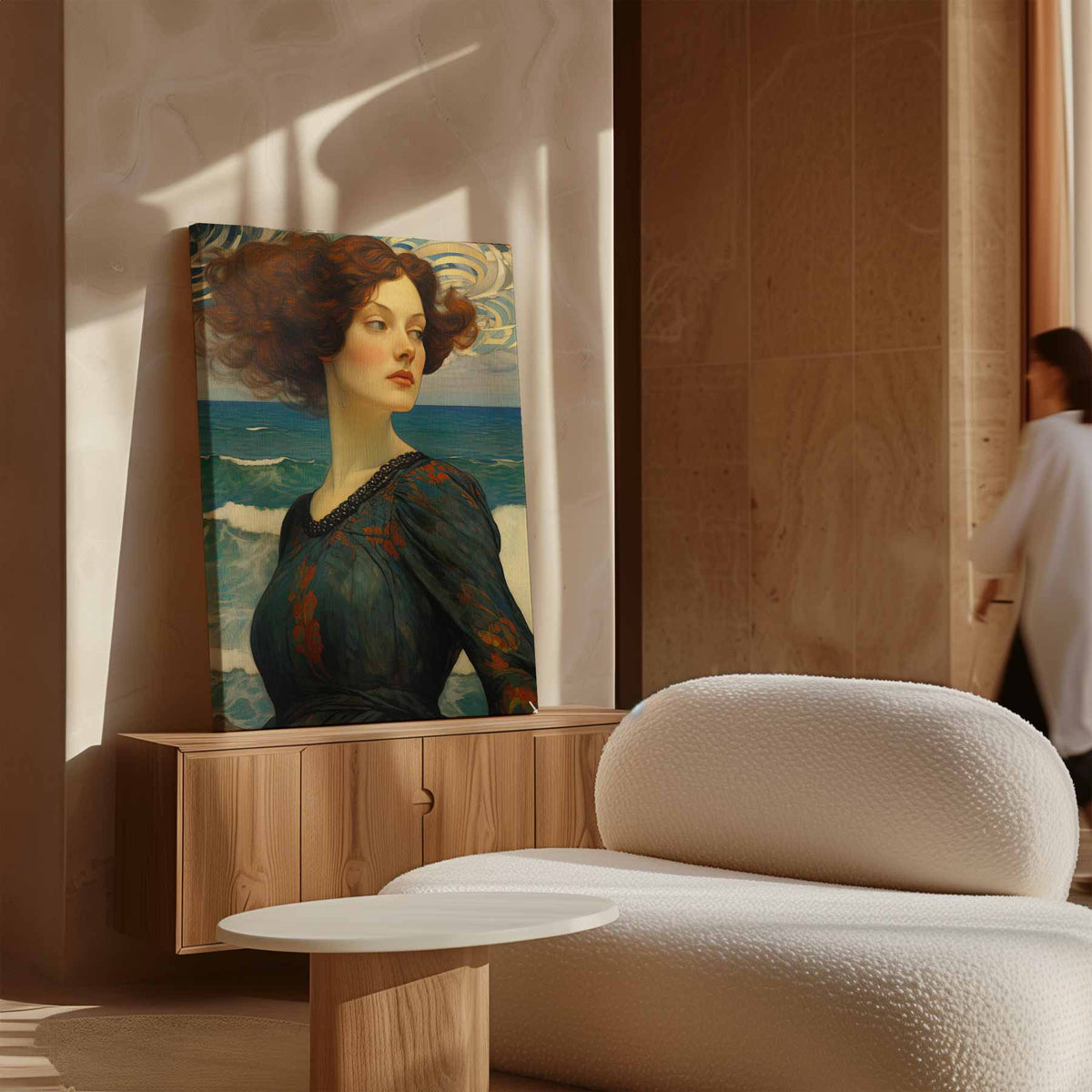 Dromerige dame aan zee – modern portret kunstwerk van WallArtistic