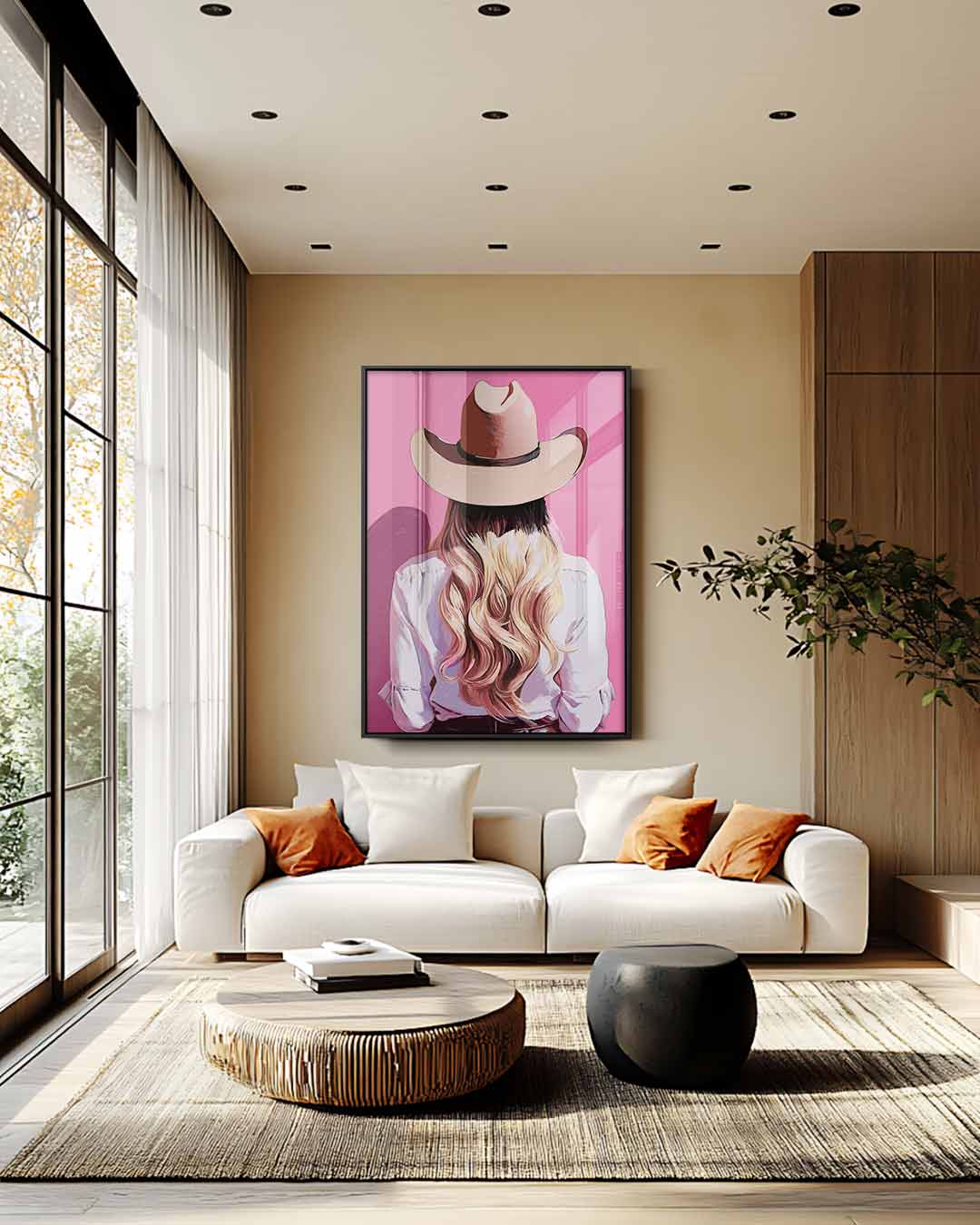 Stijlvolle Cowgirl Achteraanzicht – plexiglas wanddecoratie in portret formaat